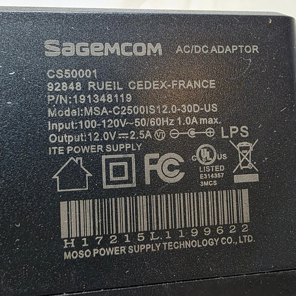 Sagemcom AC Adapter 12V‎ 2.5A Power Supply MSA-C2500IS12.0-30D-US Red Tip W4
